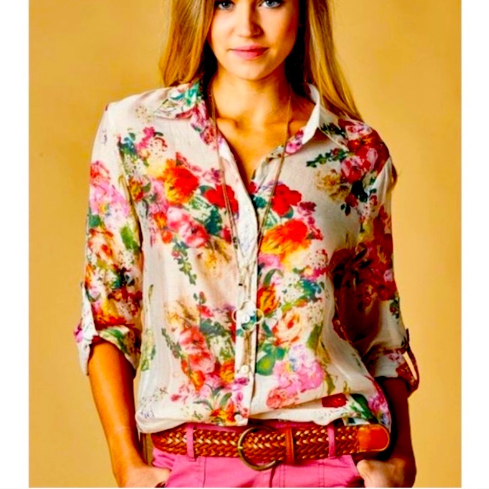 BD COLLECTION boho floral sheer button-down blouse